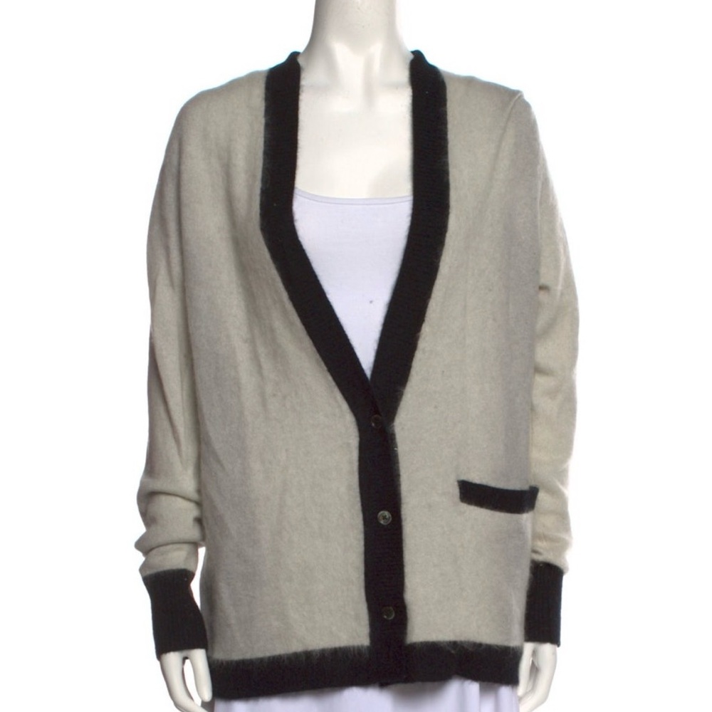 Soft Ivory and Black Trim Knit Cardigan Sweater